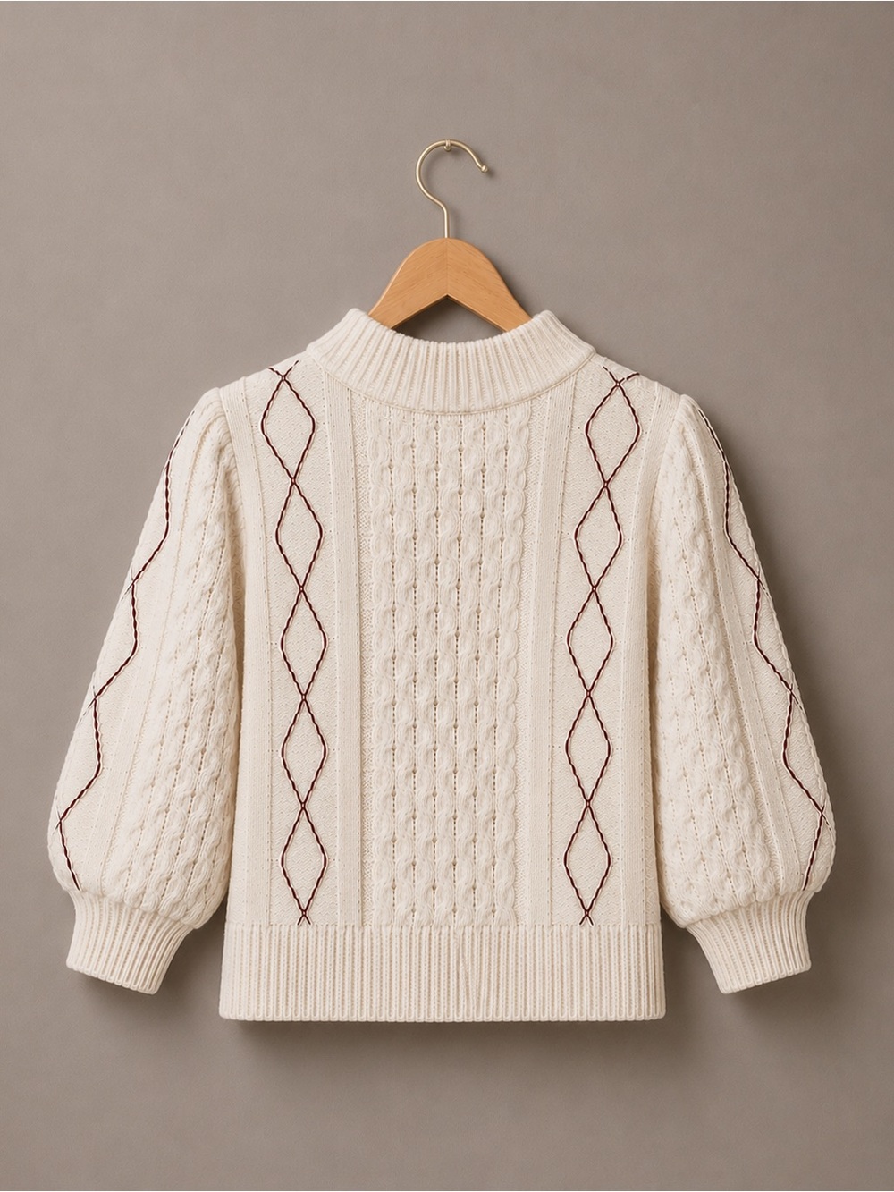 Rails Cream Cable Knit Sweater Burgundy Diamond Stitch Puff Sleeve Knit Top S - Picture 2 of 11